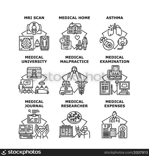 Medical diesase treatment. Astma, mri scan. university doctor. expenses health cost. malpractice negligence. researcher laboratory science. examination medical vector concept black illustration. Medical diesase treatment icon vector illustration