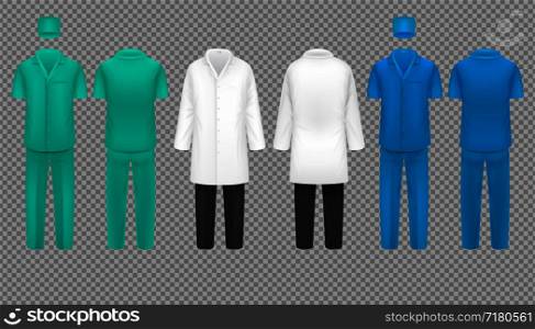 Medical doctor uniform, hospital nurse coat and surgeon suit, laboratory shirt vector set isolated. Medical professional protection clothing illustration. Medical doctor uniform, hospital nurse coat and surgeon suit, laboratory shirt vector set isolated