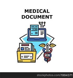 Medical Document Vector Icon Concept. Digital Medical Document On Computer And Archive With Patient Health History Documentation Folder. Health Monitoring Data Base Color Illustration. Medical Document Vector Concept Color Illustration