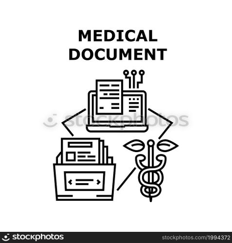 Medical Document Vector Icon Concept. Digital Medical Document On Computer And Archive With Patient Health History Documentation Folder. Health Monitoring Data Base Black Illustration. Medical Document Vector Concept Black Illustration