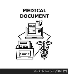 Medical Document Vector Icon Concept. Digital Medical Document On Computer And Archive With Patient Health History Documentation Folder. Health Monitoring Data Base Black Illustration. Medical Document Vector Concept Black Illustration
