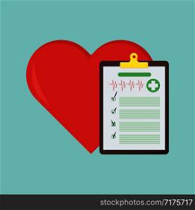 medical document with a heart in flat style, vector. medical document with a heart in flat style