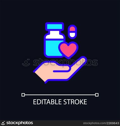 Medical donation pixel perfect RGB color icon for dark theme. Unused medicine disposal. Donating returned drugs. Simple filled line drawing on night mode background. Editable stroke. Arial font used. Medical donation pixel perfect RGB color icon for dark theme