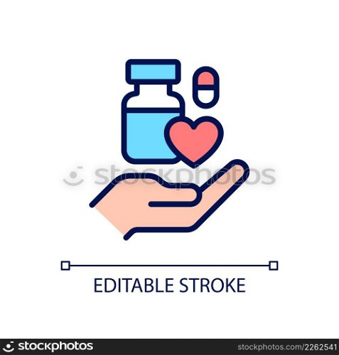 Medical donation pixel perfect RGB color icon. Unused medicine disposal. Donating returned drugs. Isolated vector illustration. Simple filled line drawing. Editable stroke. Arial font used. Medical donation pixel perfect RGB color icon