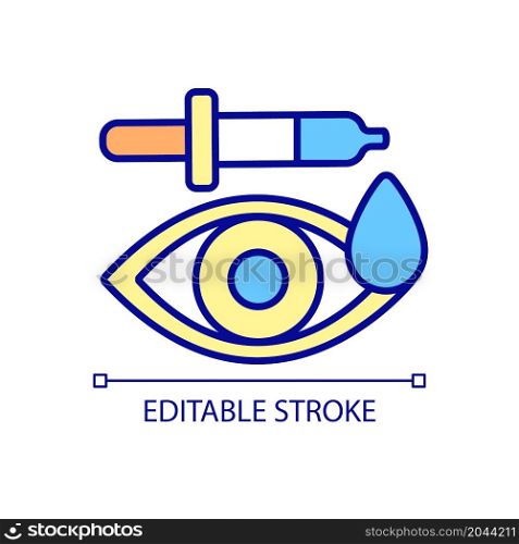 Medical drops for eyes RGB color icon. Reduce the risk of infection after surgery. Taking antibiotic eye drops. Isolated vector illustration. Simple filled line drawing. Editable stroke. Medical drops for eyes RGB color icon