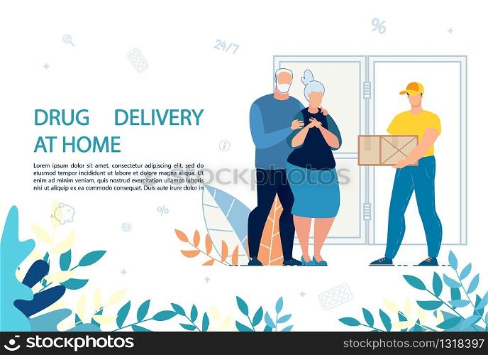 Medical Drugs Delivery at Home Service Advert. Medicine and Healthcare for Elderly. Old Married Man and Woman Family Couple Receive Package with Medications from Courier. Medicare and Pharmacy. Medical Drugs Delivery at Home Service Advert