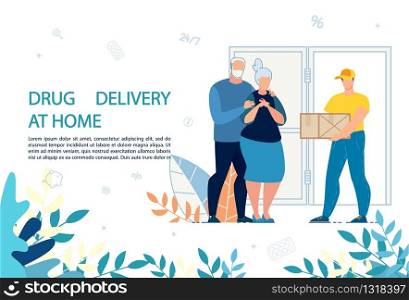 Medical Drugs Delivery at Home Service Advert. Medicine and Healthcare for Elderly. Old Married Man and Woman Family Couple Receive Package with Medications from Courier. Medicare and Pharmacy. Medical Drugs Delivery at Home Service Advert