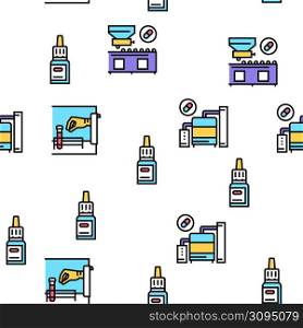 Medical Drugs Production Factory Vector Seamless Pattern Thin Line Illustration. Medical Drugs Production Factory Icons Set Vector