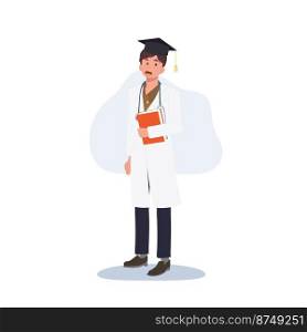 Medical education concept. Doctor wearing academic cap, Fresh graduate doctor. Flat vector cartoon character illustration.