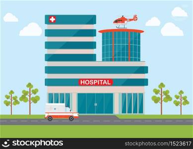 Medical emergency chopper helicopter and Ambulance at the hospital building, health and care vector illustration.