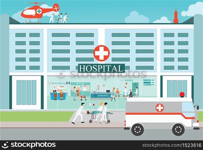 Medical emergency chopper helicopter and Ambulance car with doctors and patient at the hospital building, vector illustration.