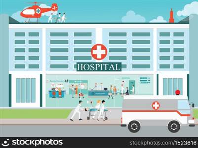 Medical emergency chopper helicopter and Ambulance car with doctors and patient at the hospital building, vector illustration.