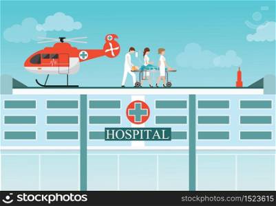 Medical emergency chopper helicopter with carry patient bed at the hospital building,ambulance helicopter vector illustration.