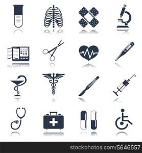 Medical emergency first aid care black icons set with heart pill thermometer isolated vector illustration