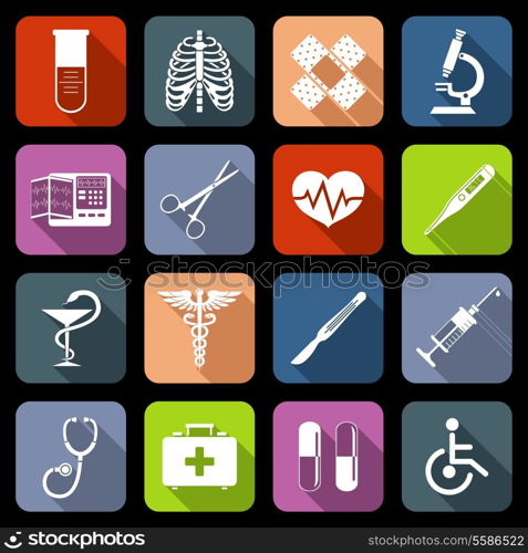 Medical emergency first aid care icons flat set with syringe heart vaccine isolated vector illustration