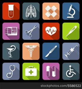 Medical emergency first aid care icons flat set with syringe heart vaccine isolated vector illustration