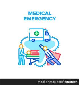 Medical Emergency Help Vector Icon Concept. Medical Emergency Doctor Fastness Help Illness Patient And Transportation By Ambulance Truck To Hospital. Heal And Treatment Disease Color Illustration. Medical Emergency Help Vector Concept Color
