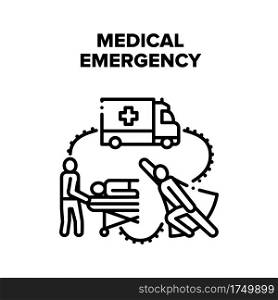 Medical Emergency Help Vector Icon Concept. Medical Emergency Doctor Fastness Help Illness Patient And Transportation By Ambulance Truck To Hospital. Heal And Treatment Disease Black Illustration. Medical Emergency Help Vector Black Illustrations