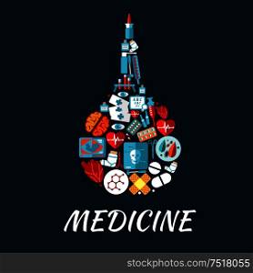 Medical enema icon made up of hearts, eyes and brain, pills, syringe and medicine bottles, laboratory test tubes and medical tools, baby ultrasound, x ray scan and visual acuity chart, chemical molecules and plasters flat symbols. Medical flat icons shaped as enema symbol