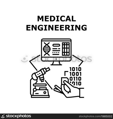 Medical Engineering Vector Icon Concept. Medical Engineering And Innovative Development, Laboratory Discovery And Experiment, Digital Researching. Modern Medicine Science Black Illustration. Medical Engineering Concept Black Illustration