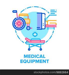 Medical Equipment Hospital Vector Icon Concept. Magnetic Resonance Imaging Mri For Patient Examination, Stretcher And Wheelchair Clinic Equipment For Intensive Care And Reanimation Color Illustration. Medical Equipment Hospital Vector Concept Color