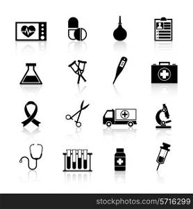 Medical equipment icon black set with heart rate pill enema isolated vector illustration