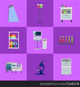 Medical equipment icons set, including light and drop-bottle, books and monitors, microscope and medical bulbs vector illustration. Medical Equipment Icons Set Vector Illustration