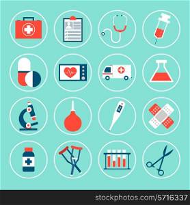 Medical equipment icons set with first aid kit phonendoscope syringe isolated vector illustration