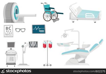 Medical equipment illustrations set. Collection of medical equipment including hospital bed, MRI, x-ray scanner, wheelchair, dental chair. Vector cartoon illustrations isolated on white background.. Medical equipment vector cartoon illustrations set