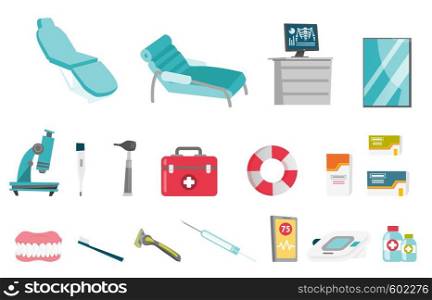 Medical equipment illustrations set. Collection of medical equipment including microscope, first aid kit, thermometer, syringe, dental chair. Vector cartoon illustrations isolated on white background.. Medical equipment vector cartoon illustrations set
