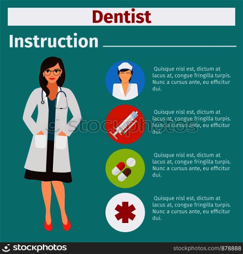 Medical equipment instruction manuals with icons for dentist. Vector illustration. Medical equipment instruction for dentist