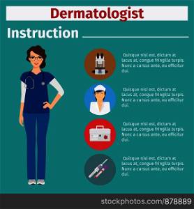 Medical equipment instruction manuals with icons for dermatologist. Vector illustration. Medical equipment instruction for dermatologist