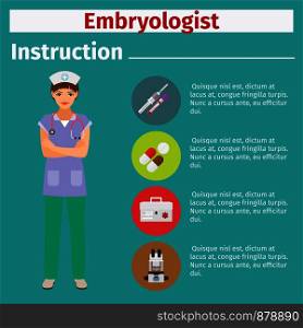 Medical equipment instruction manuals with icons for embryologist. Vector illustration. Medical equipment instruction for embryologist
