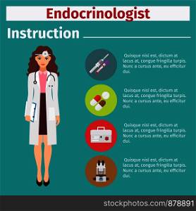 Medical equipment instruction manuals with icons for endocrinologist. Vector illustration. Medical equipment instruction for endocrinologist