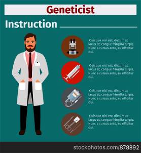 Medical equipment instruction manuals with icons for geneticist. Vector illustration. Medical equipment instruction for geneticist