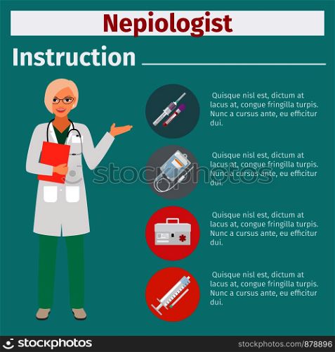 Medical equipment instruction manuals with icons for nepiologist. Vector illustration. Medical equipment instruction for nepiologist