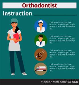 Medical equipment instruction manuals with icons for orthodontist. Vector illustration. Medical equipment instruction for orthodontist