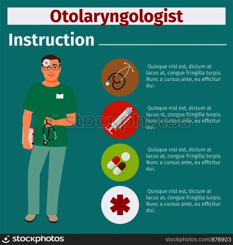 Medical equipment instruction manuals with icons for otolaryngologist. Vector illustration. Medical equipment instruction for otolaryngologist