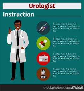 Medical equipment instruction manuals with icons for urologist. Vector illustration. Medical equipment instruction for urologist
