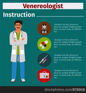 Medical equipment instruction manuals with icons for venereologist. Vector illustration. Medical equipment instruction for venereologist