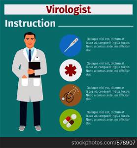 Medical equipment instruction manuals with icons for virologist. Vector illustration. Medical equipment instruction for virologist