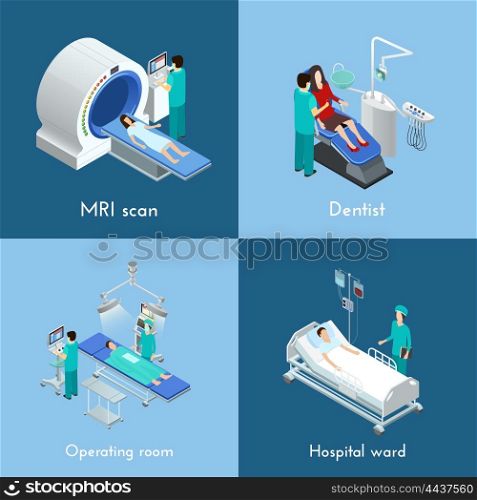 Medical Equipment Isometric 4 Icons Square . Medical equipment 4 isometric icons square composition with mri scan and hospital operation table abstract isolated vector illustration