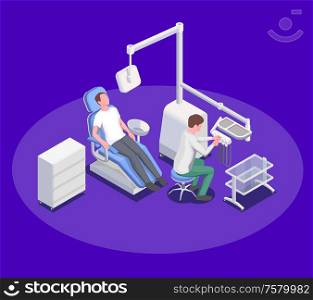 Medical equipment isometric composition with dental operation chair and human characters of patient and dentist surgeon vector illustration