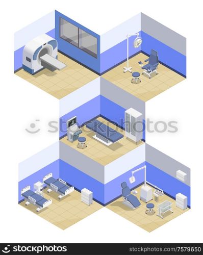 Medical equipment isometric compositions set with indoor views of hospital rooms equipped with professional therapeutic appliances vector illustration