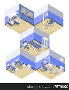 Medical equipment isometric compositions set with indoor views of hospital rooms equipped with professional therapeutic appliances vector illustration