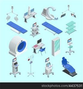 Medical Equipment Isometric Icons Set . Modern medical surgery and examination rooms equipment with scanner monitor and operation table abstract isolated vector illustration