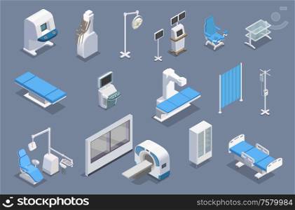 Medical equipment isometric set with isolated colourful images of therapeutic equipment units medical facilities and armamentarium vector illustration