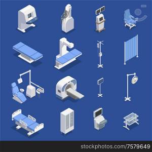 Medical equipment isometric set with sixteen isolated icons of surgical facilities chairs tables and various appliances vector illustration