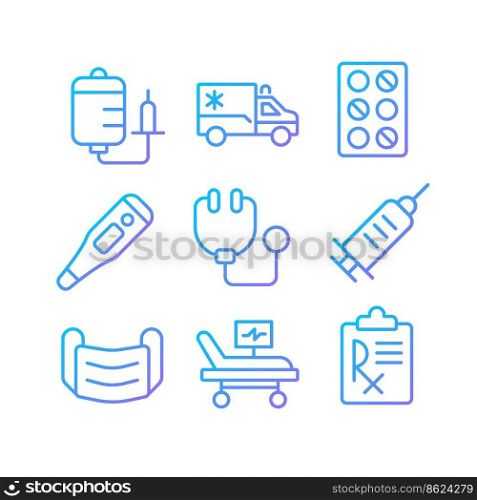 Medical equipment pixel perfect gradient linear vector icons set. Hospital services. Emergency and first aid. Thin line contour symbol designs bundle. Isolated outline illustrations collection. Medical equipment pixel perfect gradient linear vector icons set