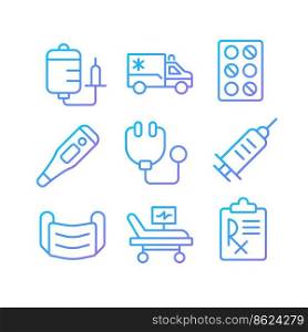 Medical equipment pixel perfect gradient linear vector icons set. Hospital services. Emergency and first aid. Thin line contour symbol designs bundle. Isolated outline illustrations collection. Medical equipment pixel perfect gradient linear vector icons set